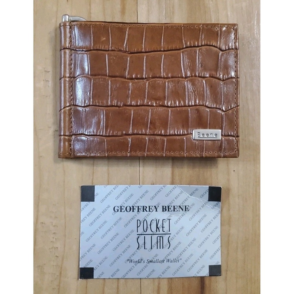 Vintage‎ Geoffrey Beene Pocket Slims Cognac Croc Embossed Leather Wallet